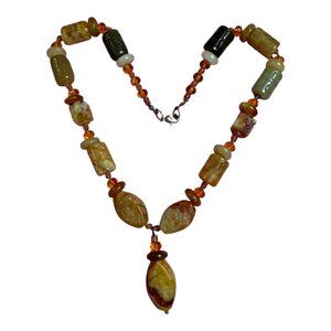 Vintage Carved Carnelian Jade Beaded Necklace Stone Beads Y Drop 18" Gemstone